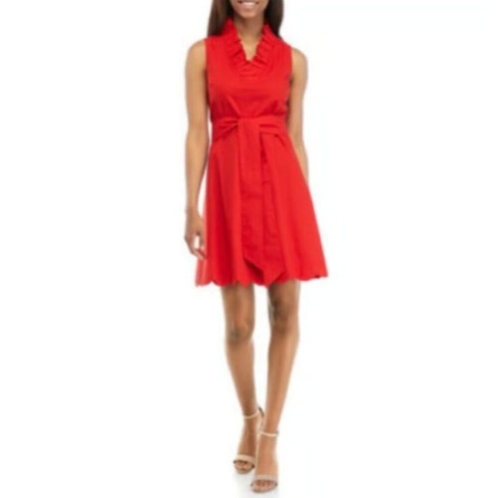 Crown and Ivy Ruffle Neck Belted Dress Size Large Sleeveless Red Party Cocktail